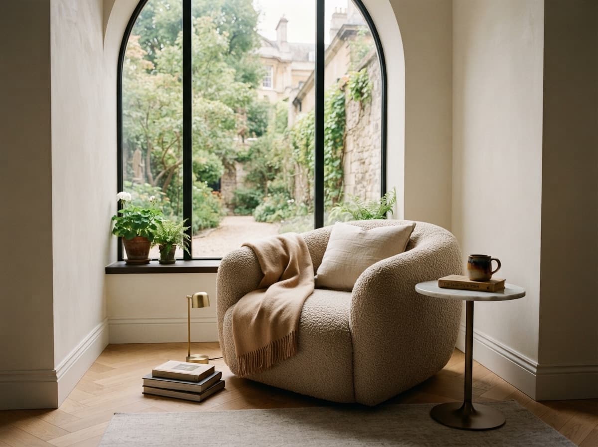 Armchair by an arched window overlooking a garden
