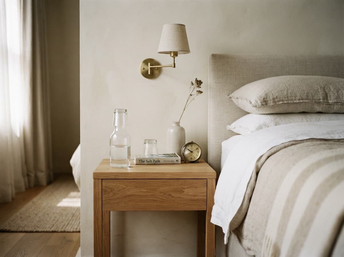 Bedside table with a water carafe beside a freshly made bed