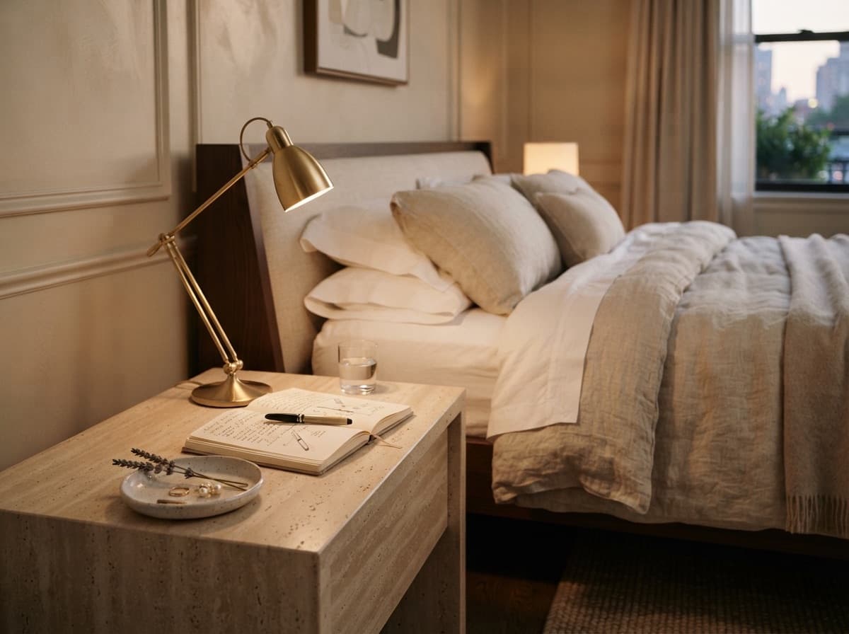 Bedside table with an open journal and brass lamp at dusk