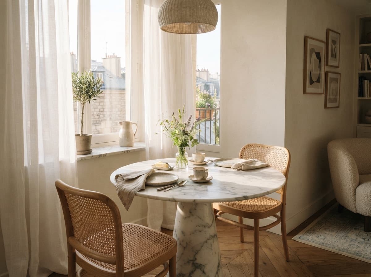 Breakfast set on a marble table by a hotel room window