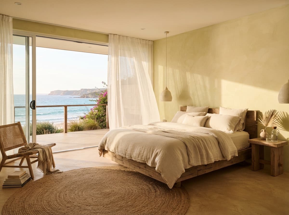 Sunlit hotel bedroom opening onto the sea