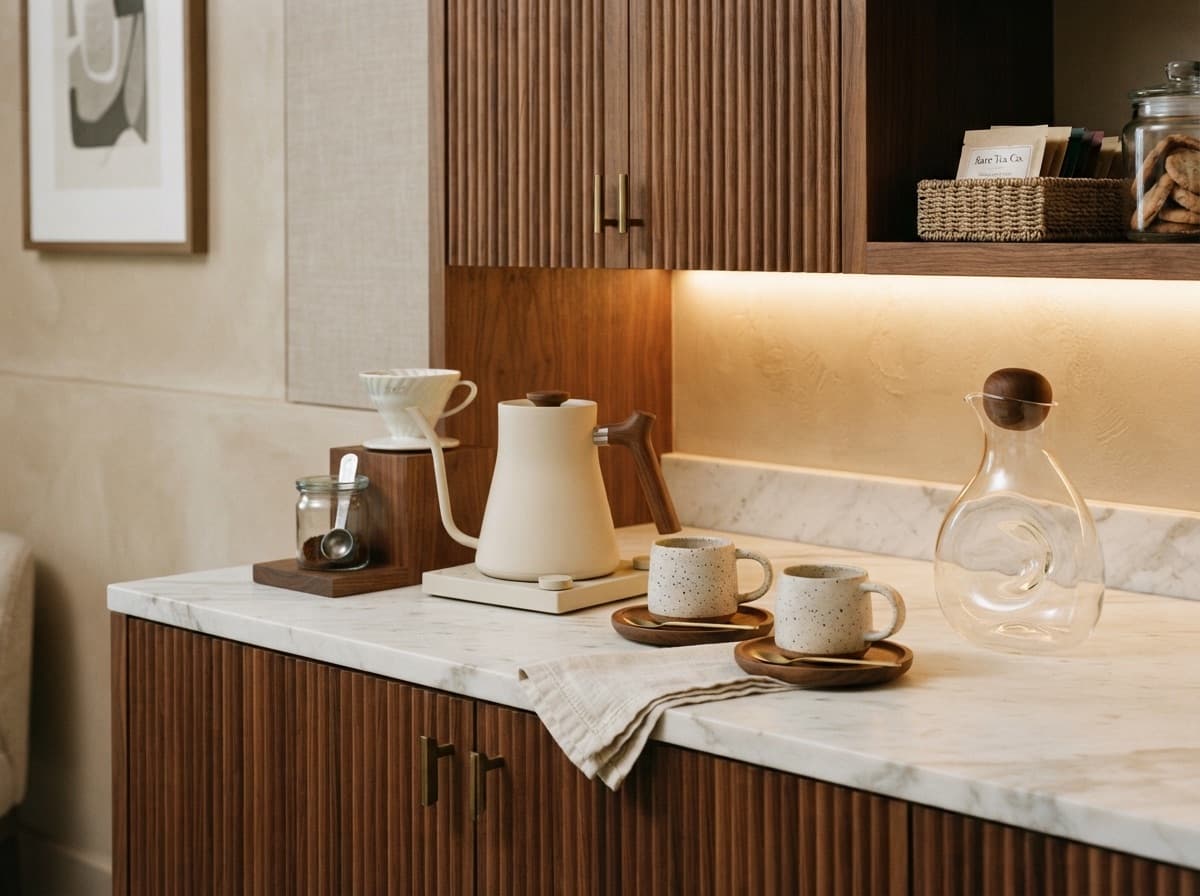 In-room coffee station with a kettle and two cups