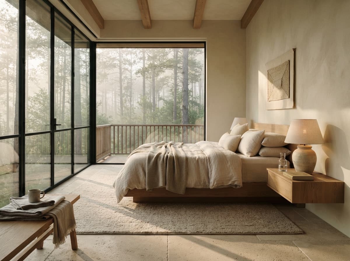 Quiet hotel bedroom looking out onto a misty forest