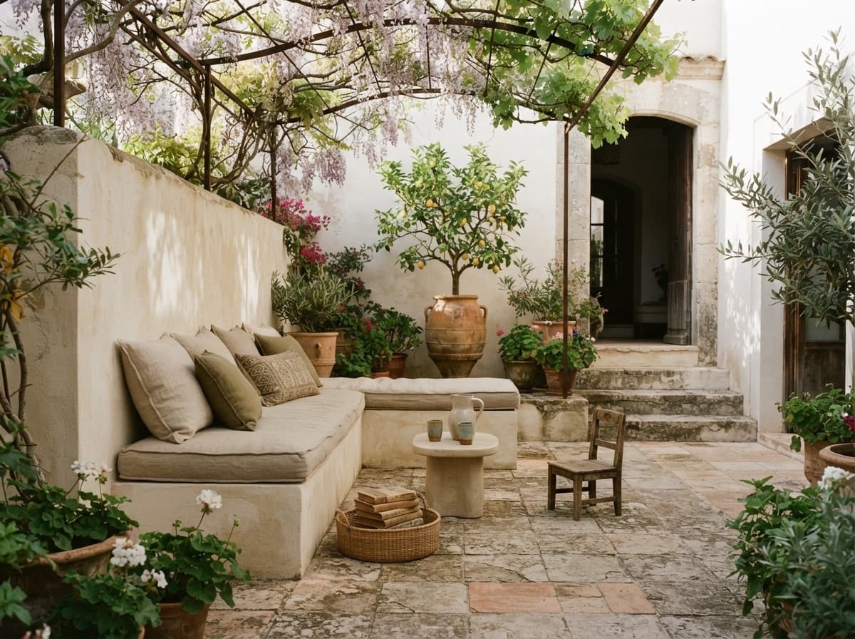 Sunlit garden courtyard of a boutique guesthouse
