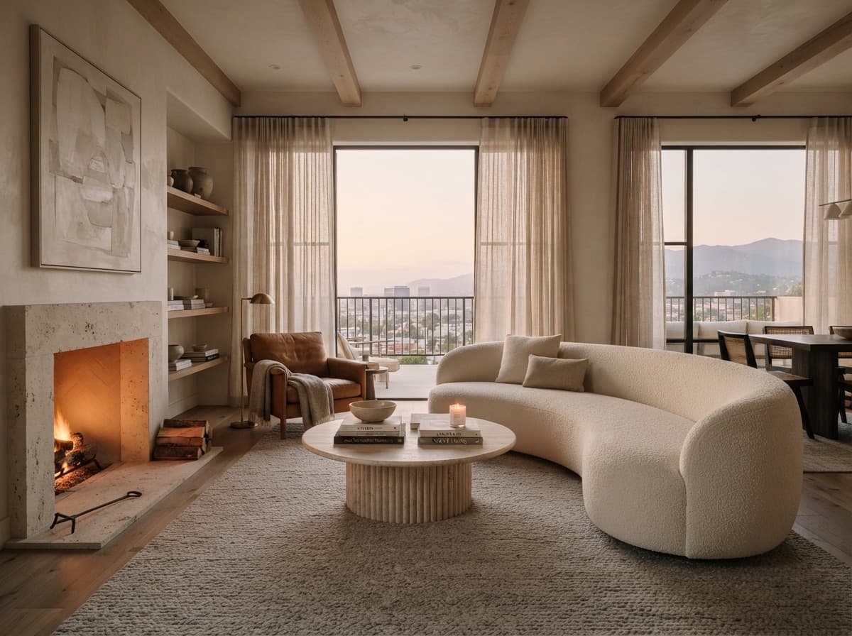 Hotel suite living room with a fireplace and a city view