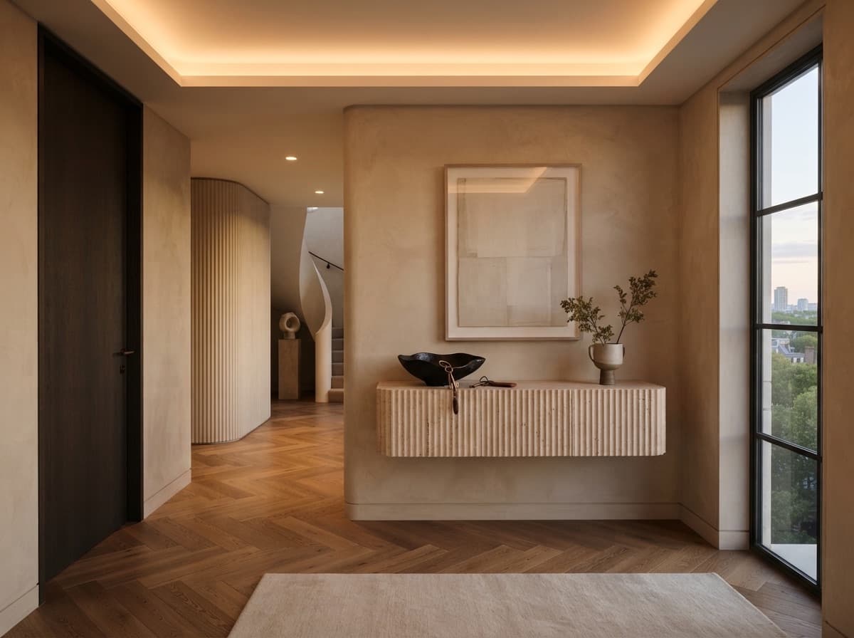 Softly lit entrance hall of a hotel suite