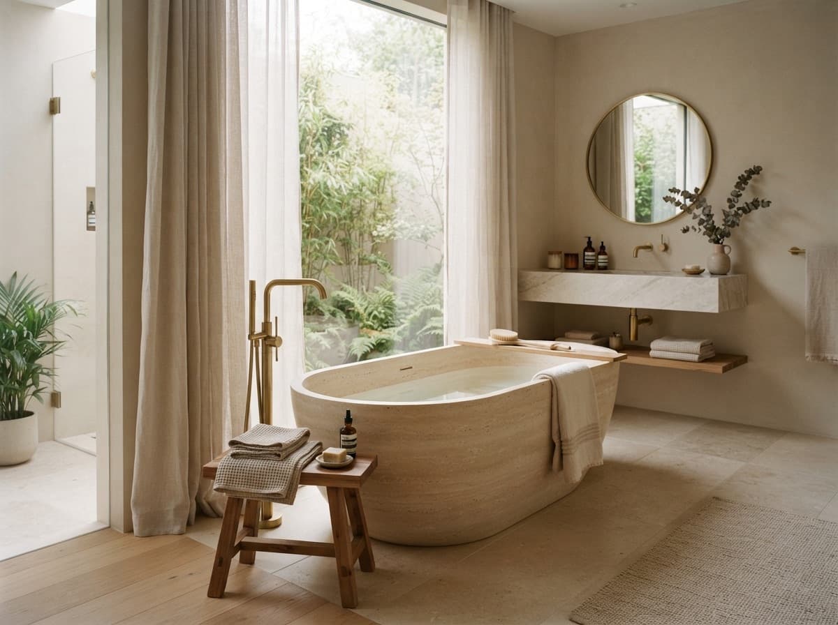 Freestanding stone bathtub in a calm hotel bathroom