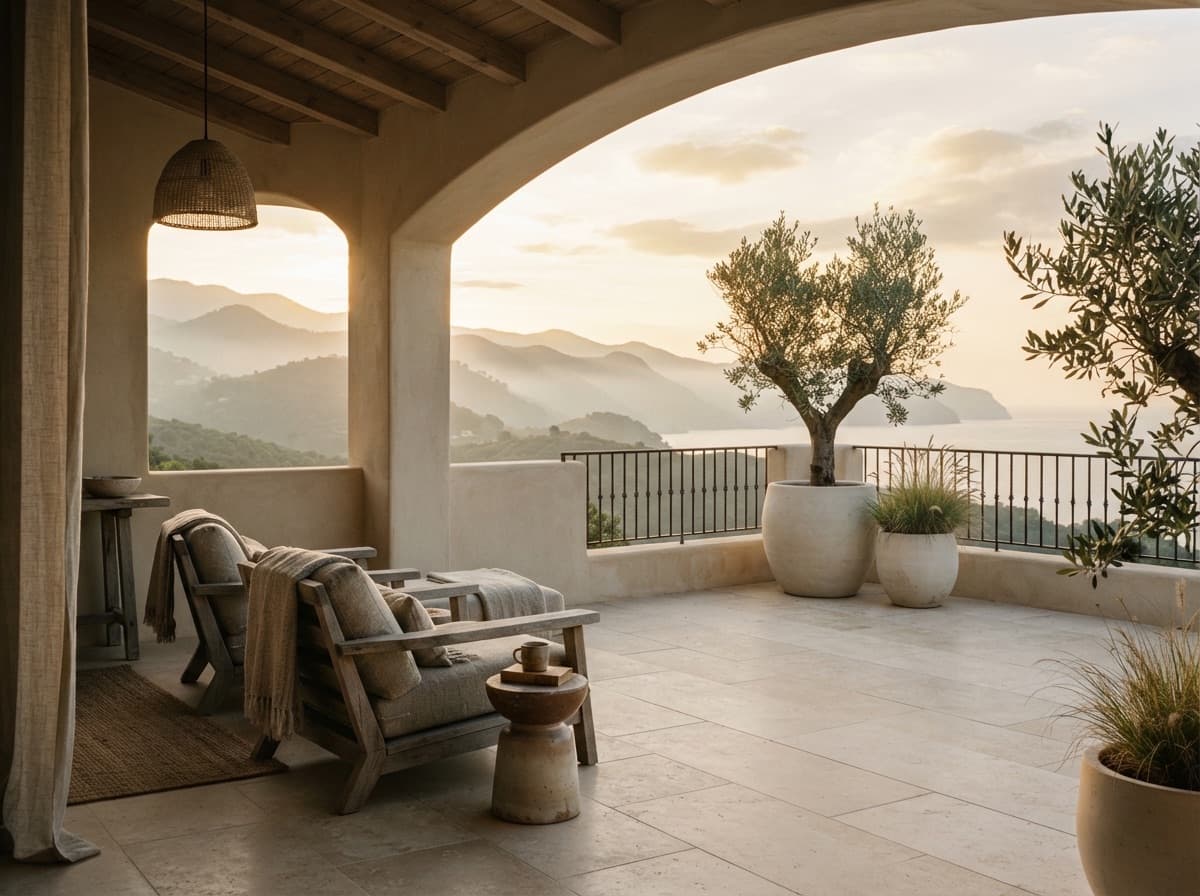 Covered hotel terrace overlooking hills and the sea