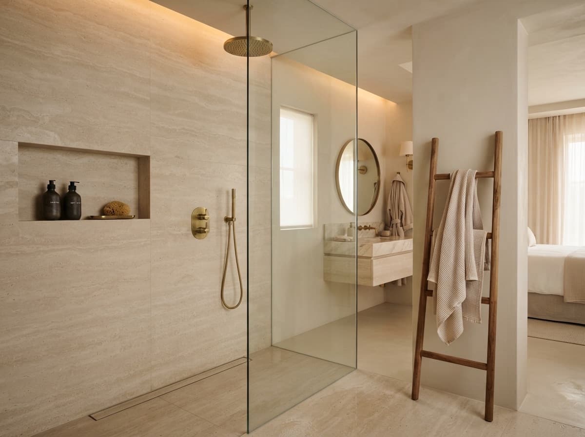 Travertine walk-in shower in a hotel bathroom