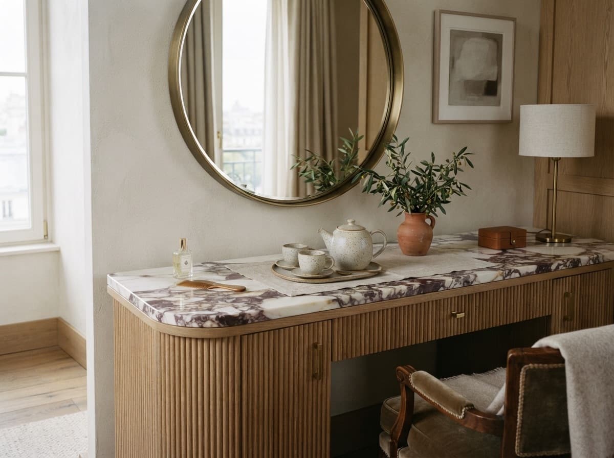 Tea tray set out on a marble vanity in a hotel suite