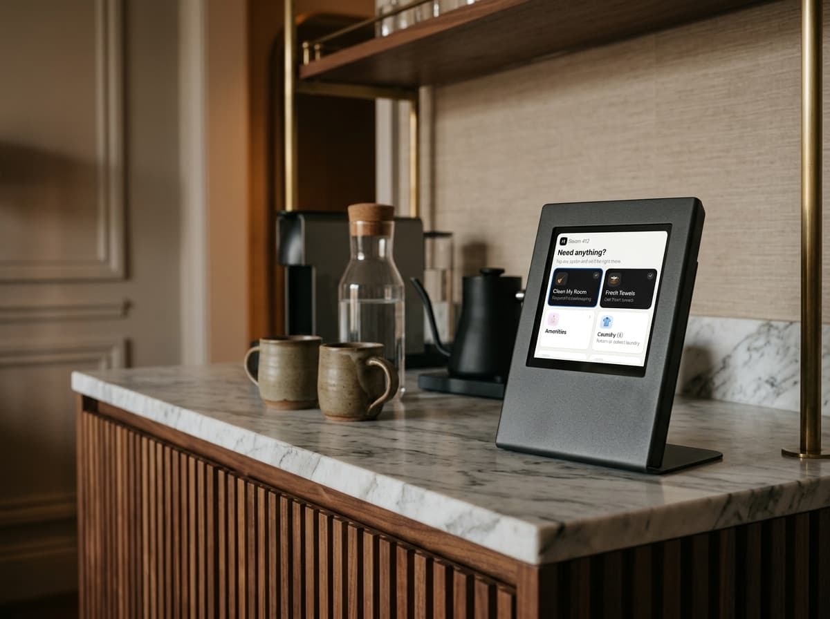 RoomCheck device on a coffee bar in a hotel room