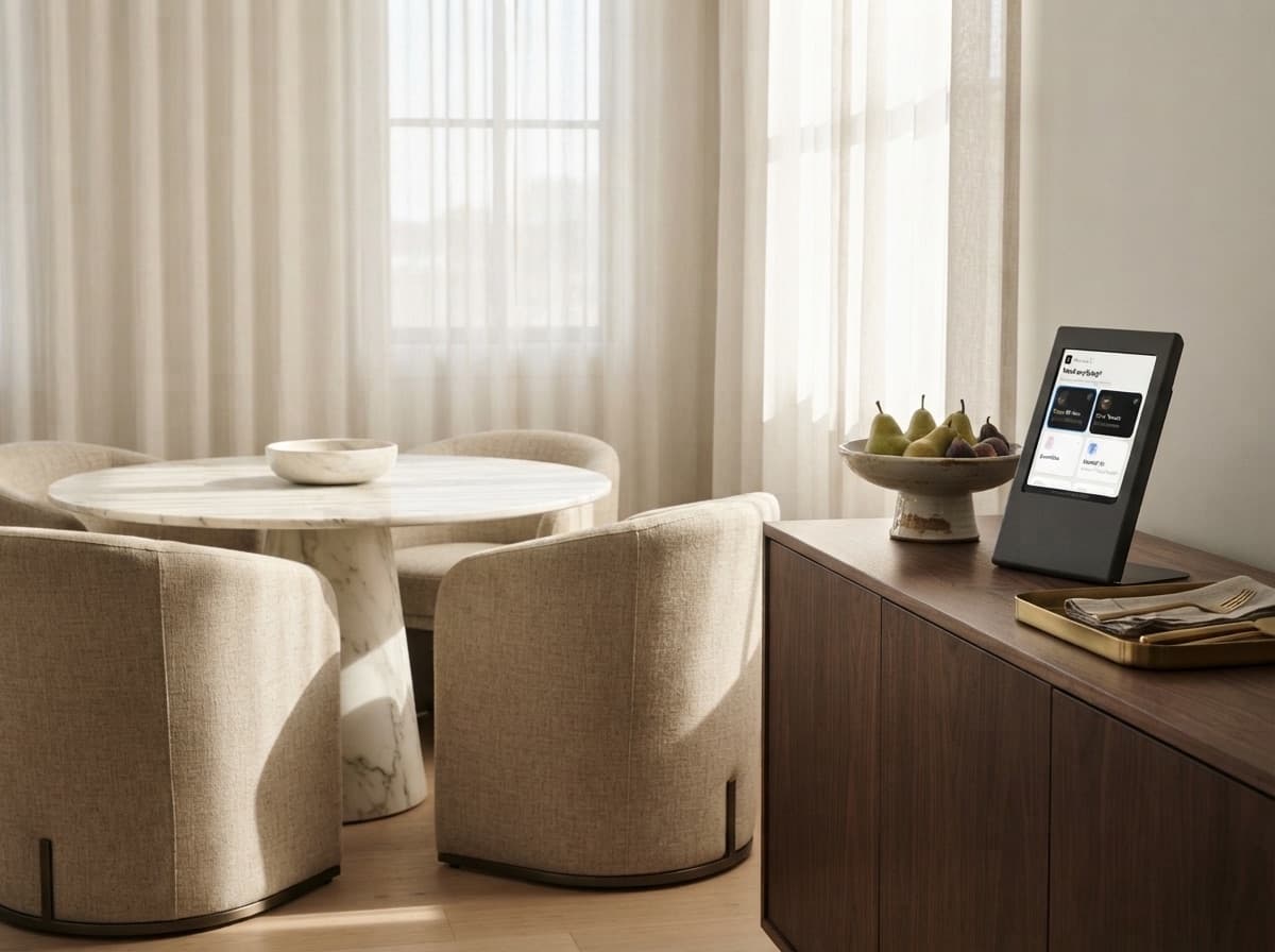 RoomCheck device beside a dining table in a hotel suite