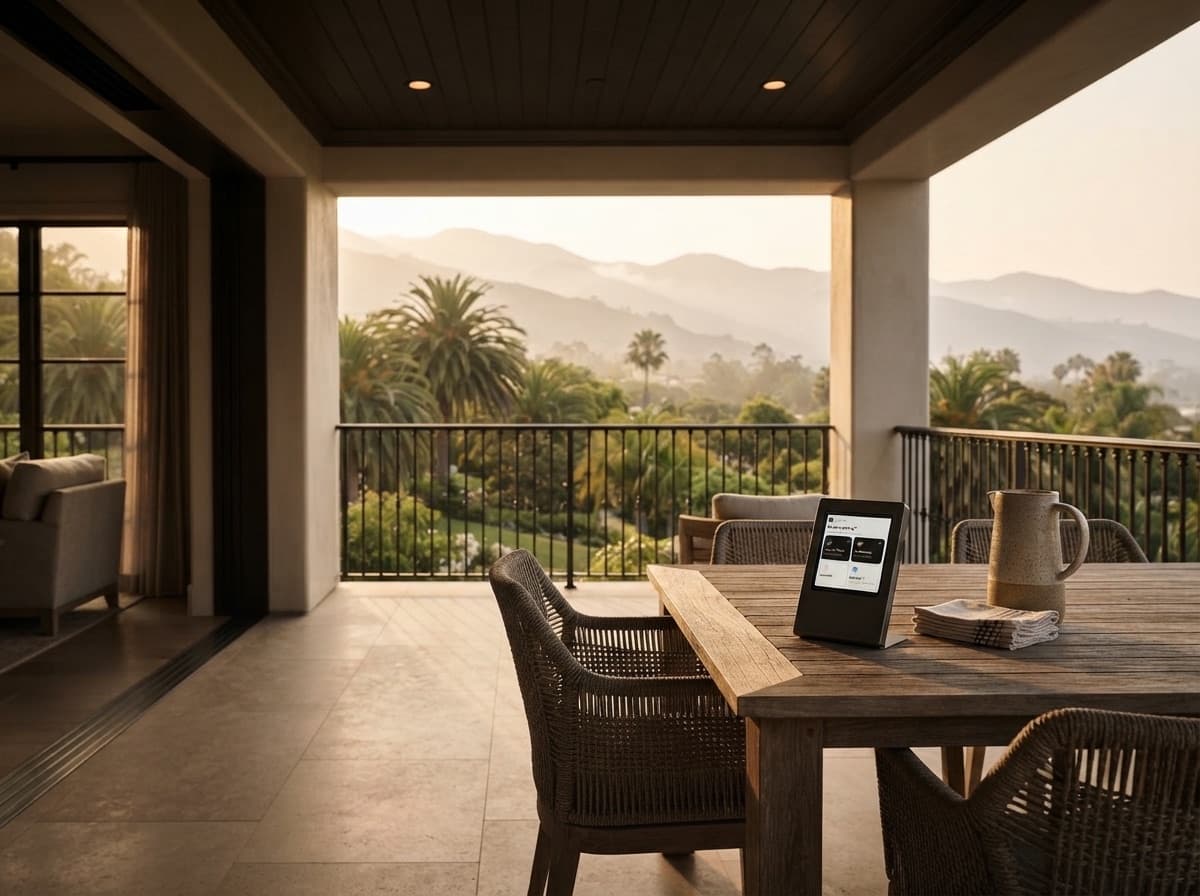 RoomCheck device on a balcony table overlooking hills