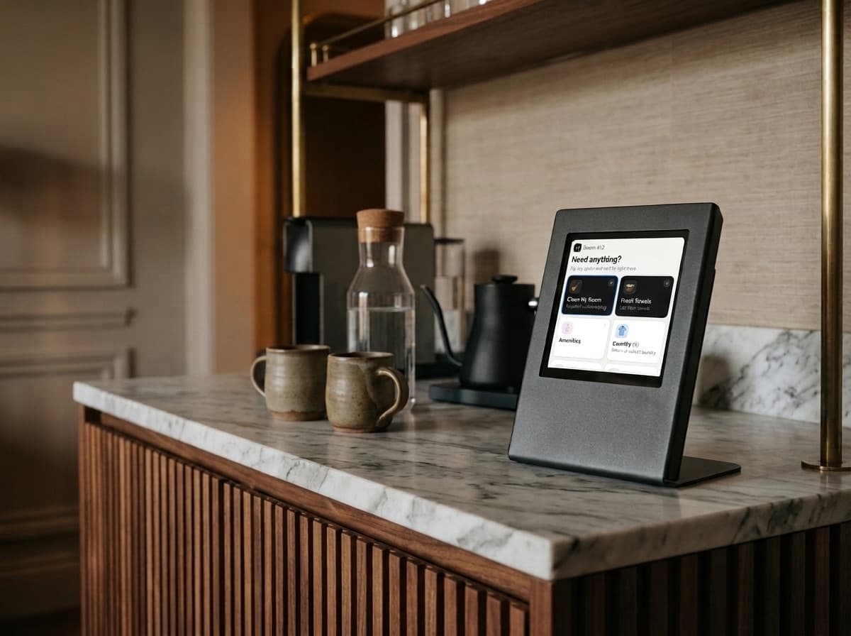 RoomCheck device beside a coffee station