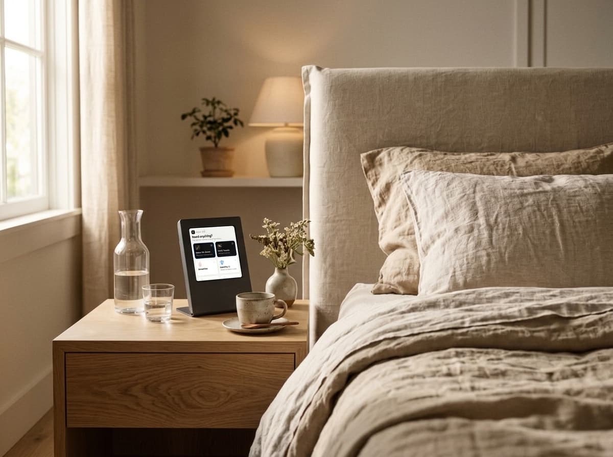RoomCheck device on a bedside table showing the guest request menu