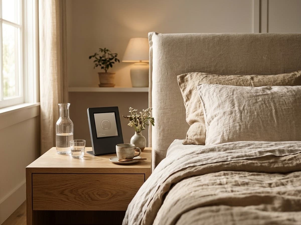 Hotel bed and bedside table with a RoomCheck device