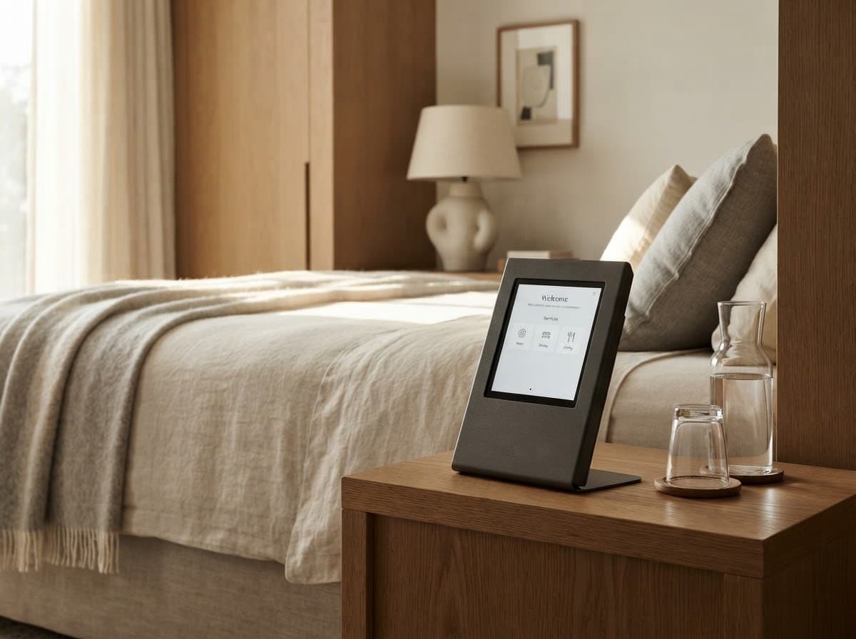 Bedside table and made bed in a quiet hotel room